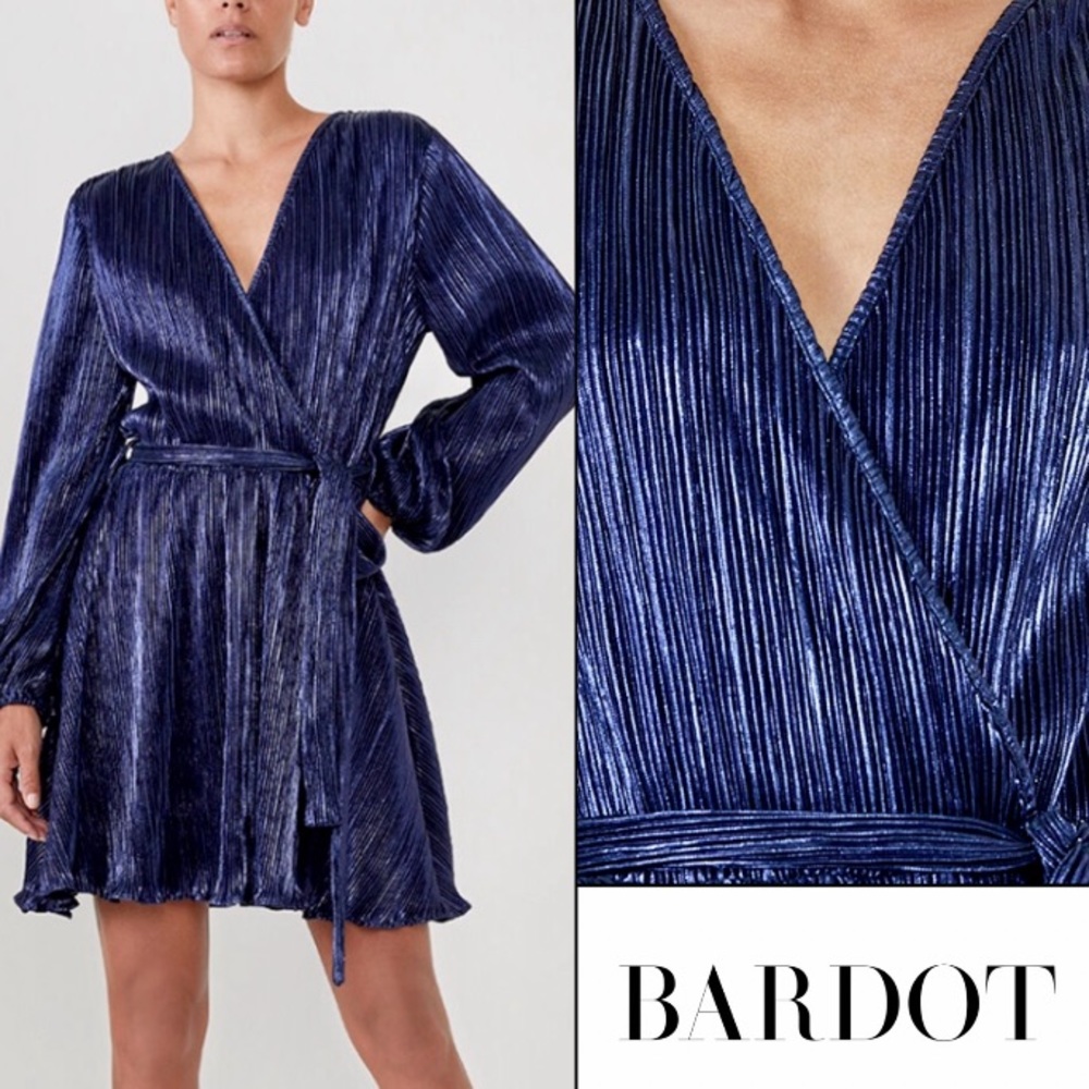 Bardot Bellissa Fit & Flare Mini Dress Cocktail Navy Shine Metallic Belted XL